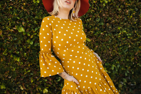 Imogen Petite 3-Tier Ruffle Maxi Dress in Mustard Polka