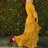 Imogen Petite 3-Tier Ruffle Maxi Dress in Mustard Polka