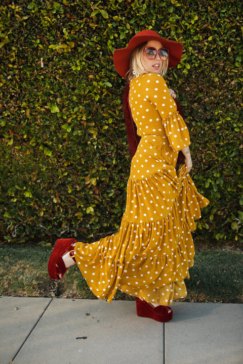 Imogen Petite 3-Tier Ruffle Maxi Dress in Mustard Polka