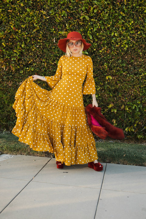 Imogen Petite 3-Tier Ruffle Maxi Dress in Mustard Polka