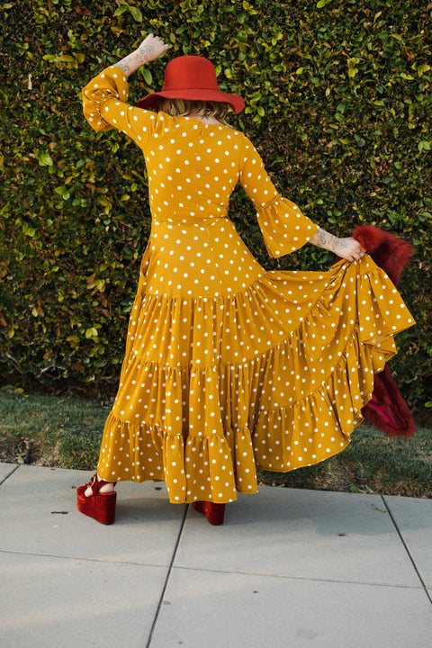Imogen Petite 3-Tier Ruffle Maxi Dress in Mustard Polka