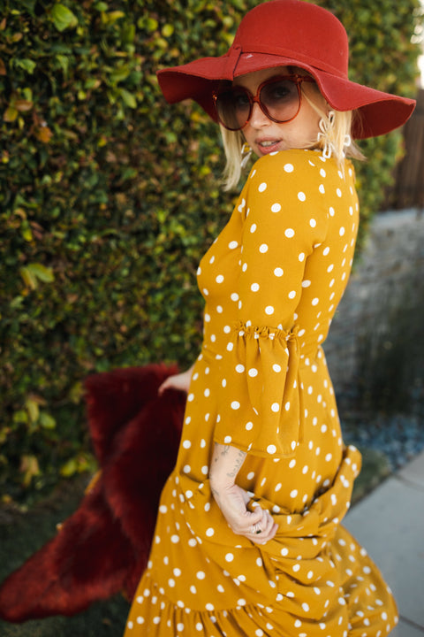 Imogen Petite 3-Tier Ruffle Maxi Dress in Mustard Polka