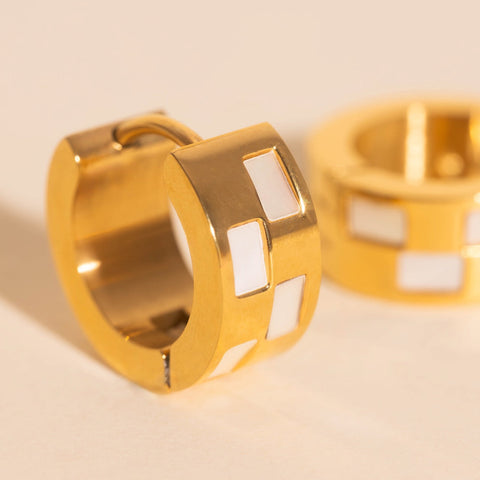 Pearl Shell Checkered Super Chunky Huggie Hoop Earrings