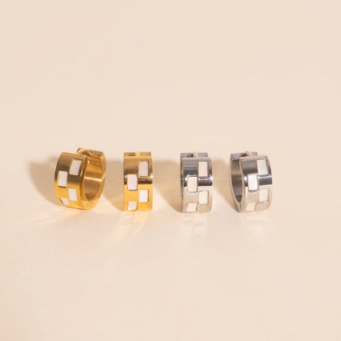 Pearl Shell Checkered Super Chunky Huggie Hoop Earrings