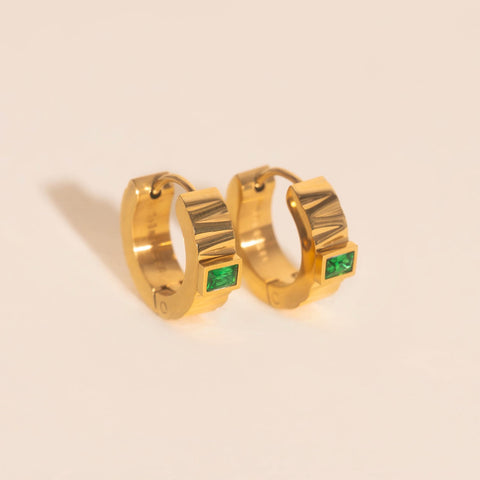 Textured Emerald Crystal Chunky Huggie Hoop Earrings