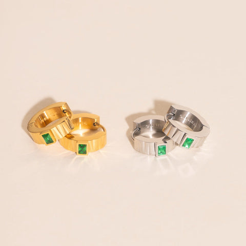 Textured Emerald Crystal Chunky Huggie Hoop Earrings