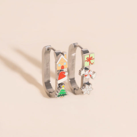 Christmas Oblong 3D Huggie Hoop Earrings
