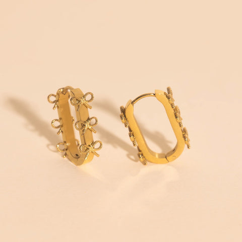 Stacked Rope Bow Oblong 3D Huggie Hoop Earrings