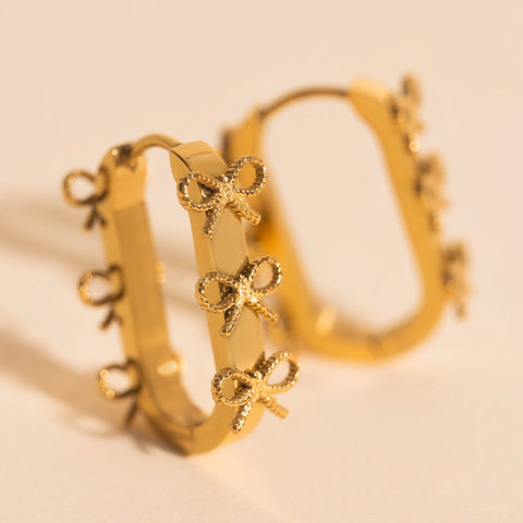 Stacked Rope Bow Oblong 3D Huggie Hoop Earrings