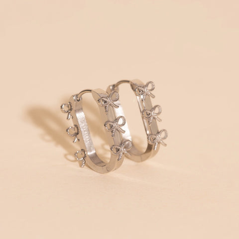 Stacked Rope Bow Oblong 3D Huggie Hoop Earrings