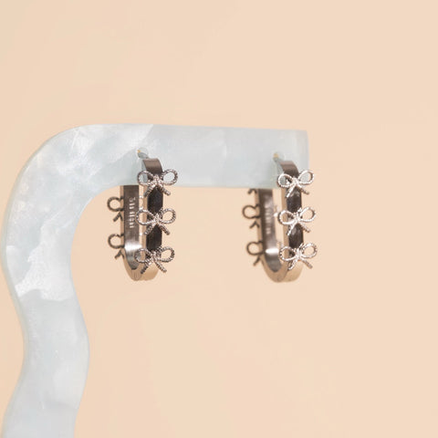 Stacked Rope Bow Oblong 3D Huggie Hoop Earrings