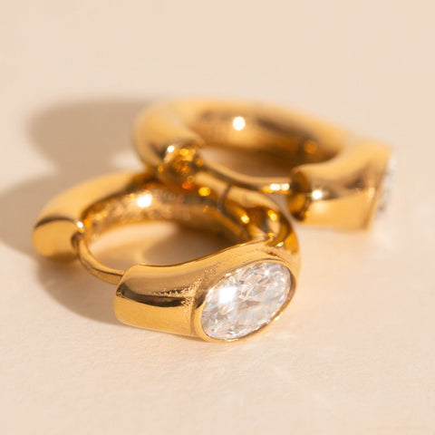 Oval Crystal Chunky Rounded Huggie Hoop Earrings