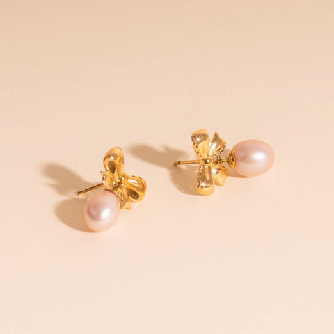 Bow Pearl Drop Stud Earrings