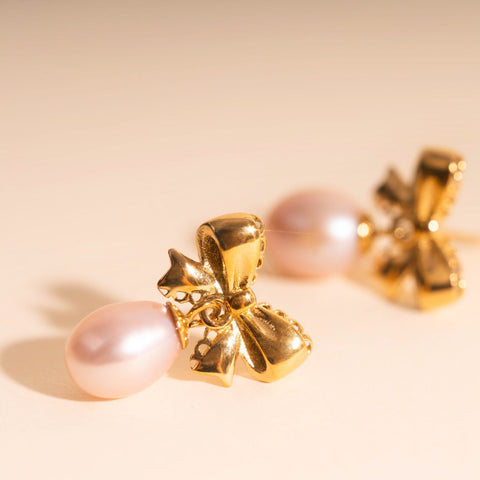 Bow Pearl Drop Stud Earrings