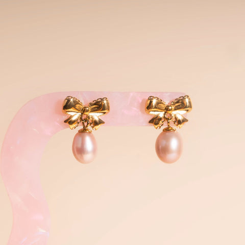 Bow Pearl Drop Stud Earrings