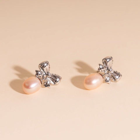 Bow Pearl Drop Stud Earrings