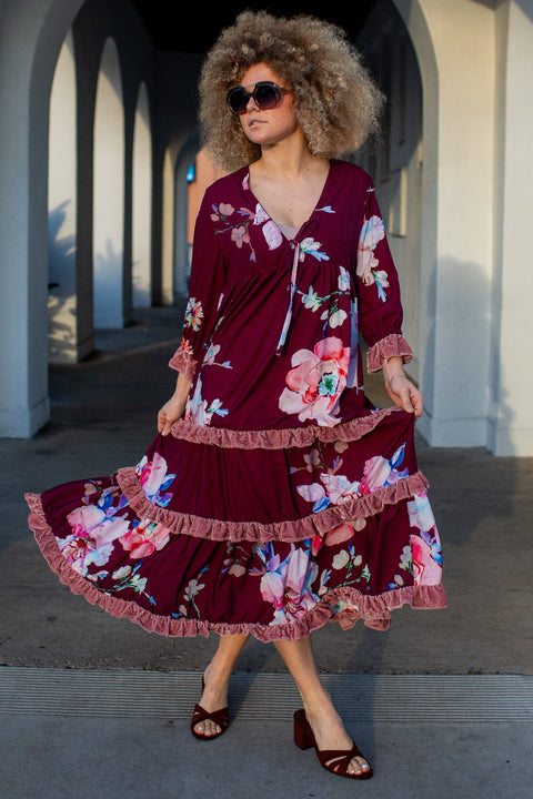 Ophelia Velvet Ruffle Maxi Dress in Plum Rose
