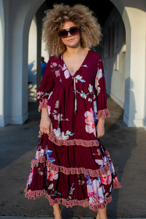 Ophelia Velvet Ruffle Maxi Dress in Plum Rose