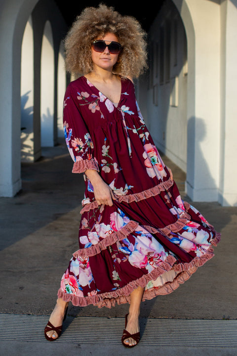 Ophelia Velvet Ruffle Maxi Dress in Plum Rose