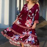 Ophelia Velvet Ruffle Maxi Dress in Plum Rose
