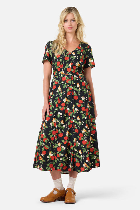 Woman wearing a floral apple print dress on a white background