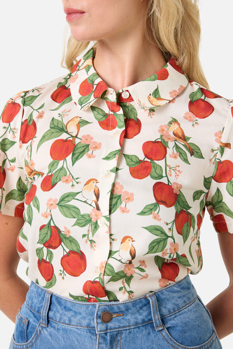 Person wearing a floral blouse with red apples and green leaves on a white background