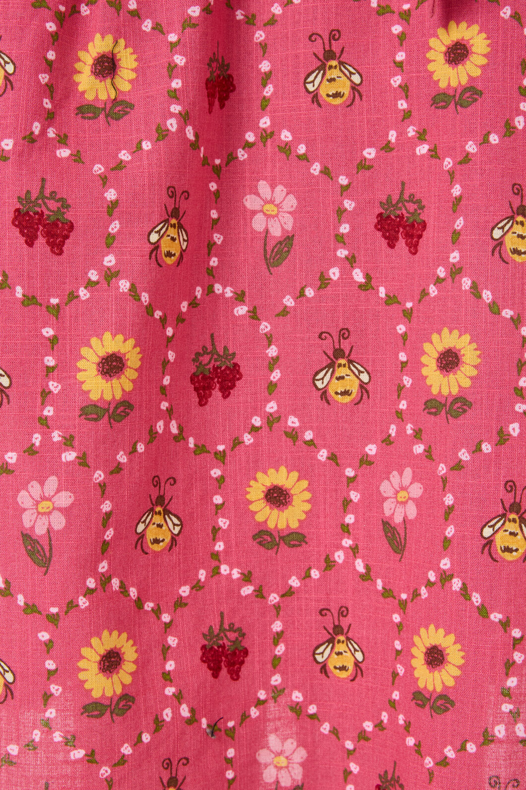 Pink fabric with bee and flower pattern