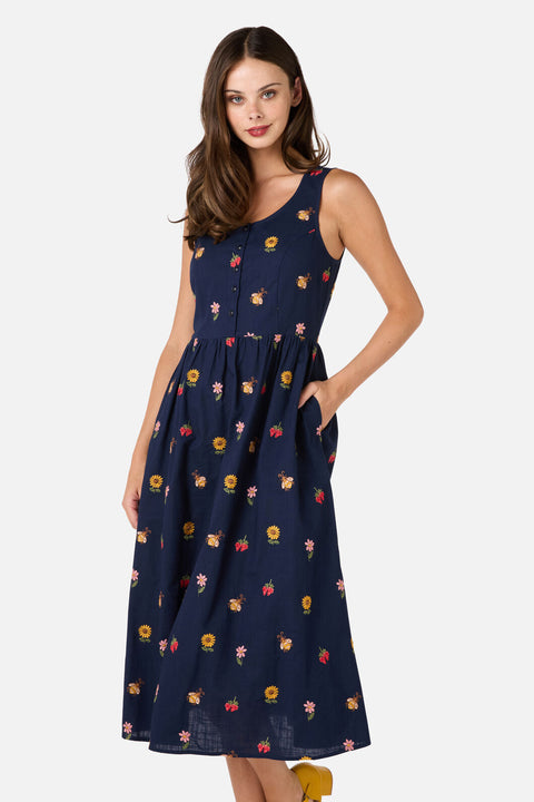 Honey Bee Embroidered Midi Dress Navy / 6 (AU) Honey Bee Embroidered Midi Dress Navy / 6 (AU)