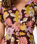 Close-up of a floral blouse with a brown background