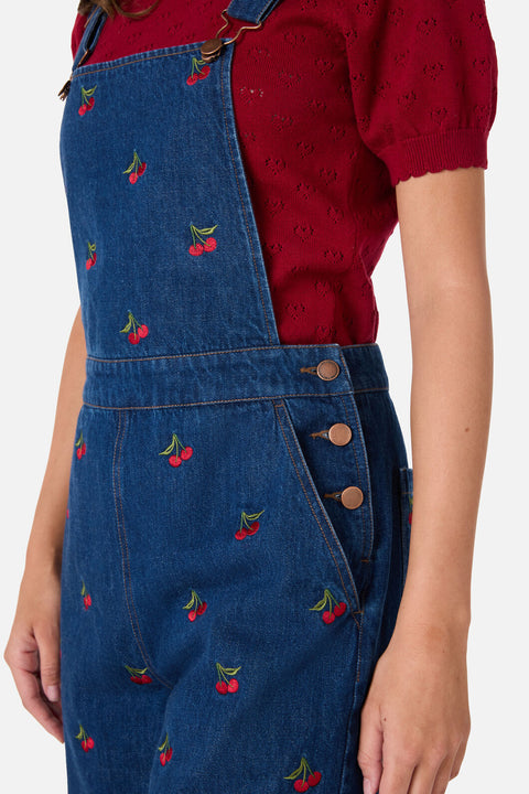 Cherry Embroidered Denim Overalls Blue Denim / 14 (AU)