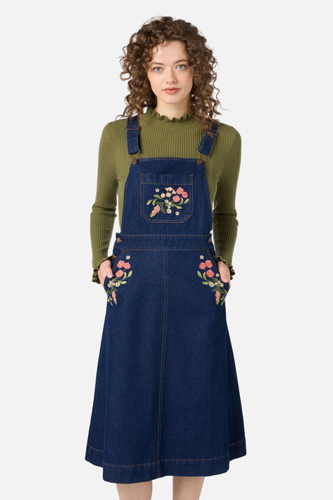 denim pinafore dress india Indigo Cotton Denim Pinafore Midi Wrap Dress 36" / Petite (5'1" and below)