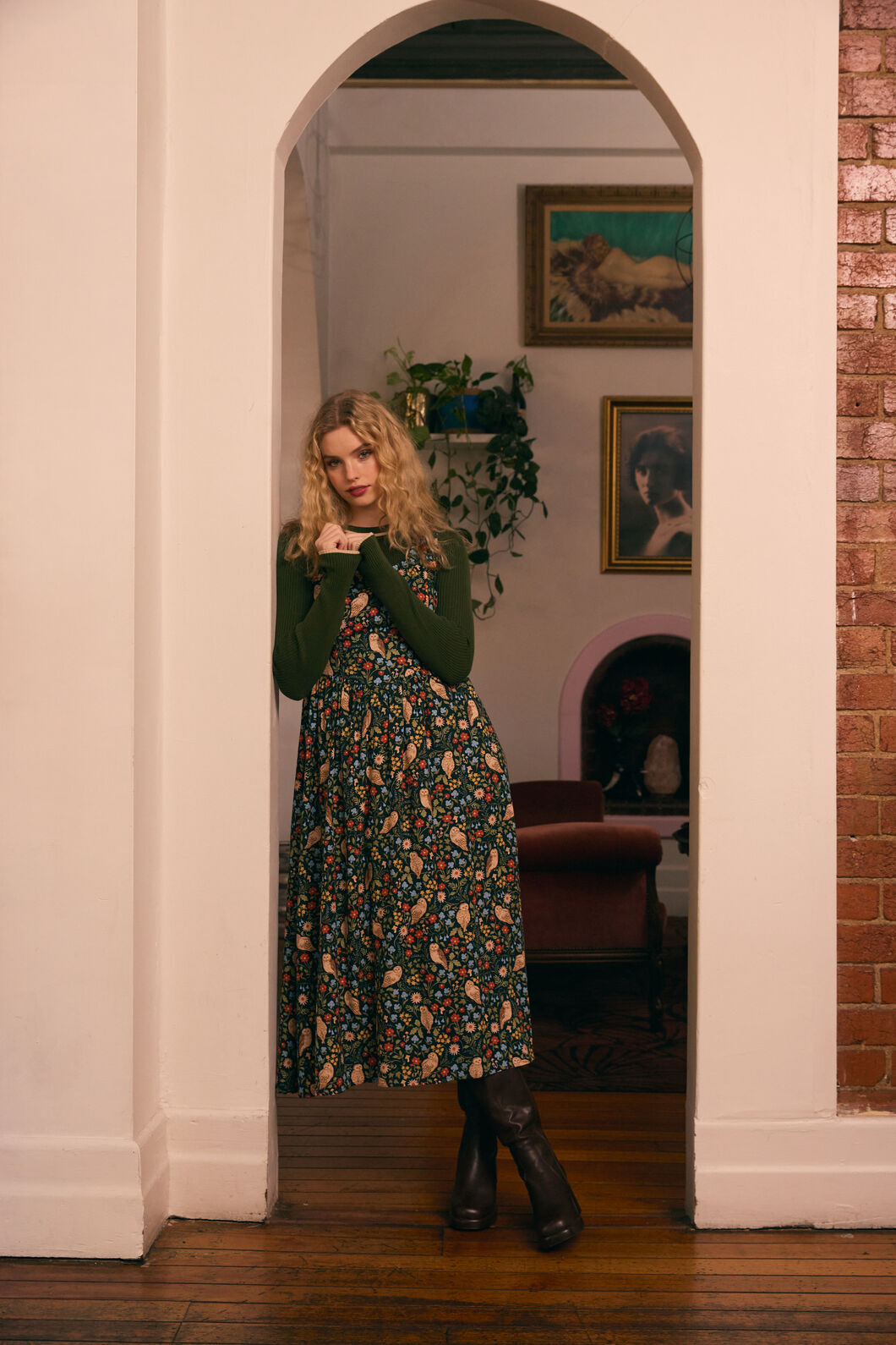 Forest Owl Sleeveless Midi Dress