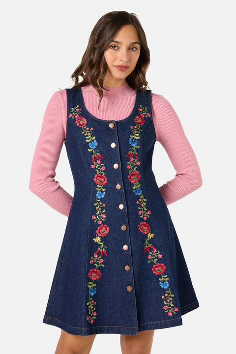 Joelle Embroidered Denim Pinafore Dress – ModCloth
