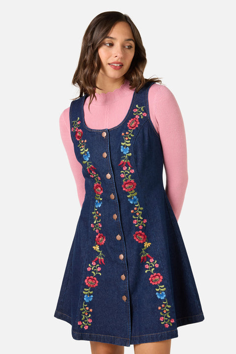 Joelle Embroidered Denim Pinafore Dress – ModCloth