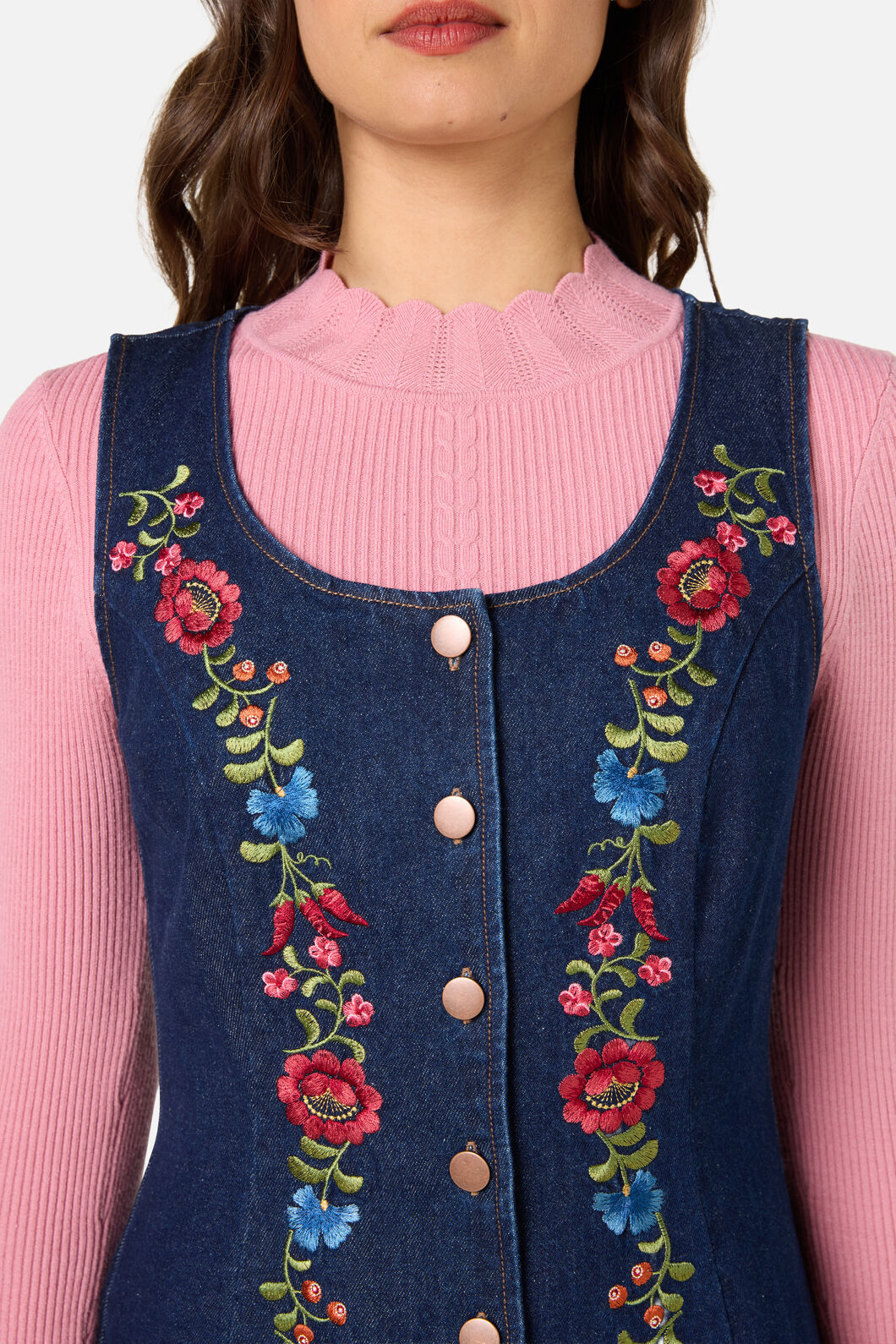 Joelle Embroidered Denim Pinafore Dress