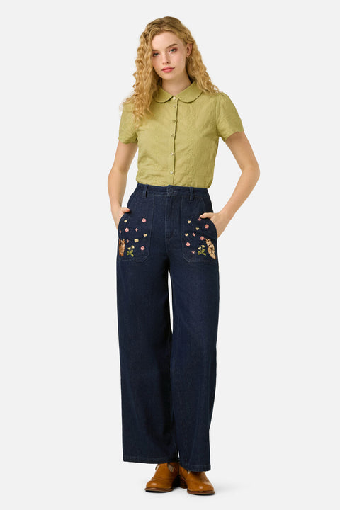 Cats Embroidered Denim Jean