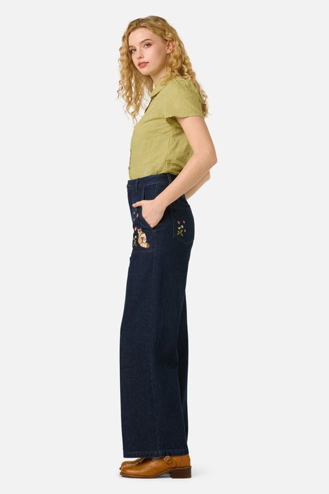 Cats Embroidered Denim Jean