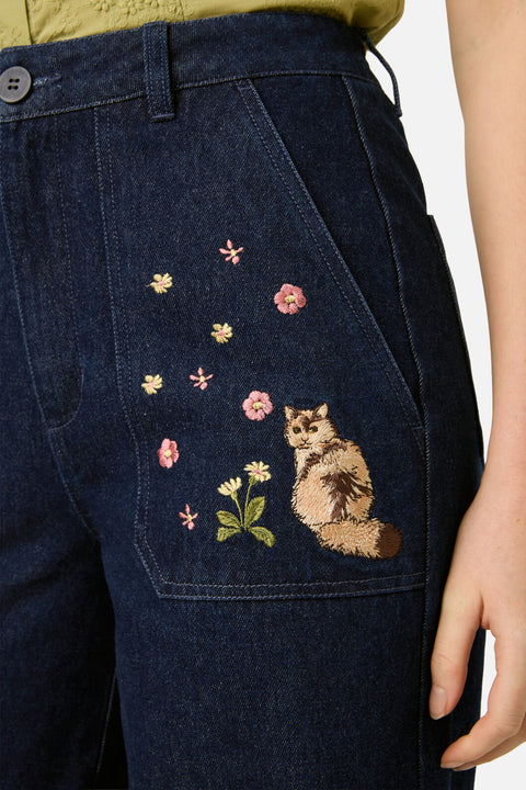 Cats Embroidered Denim Jean