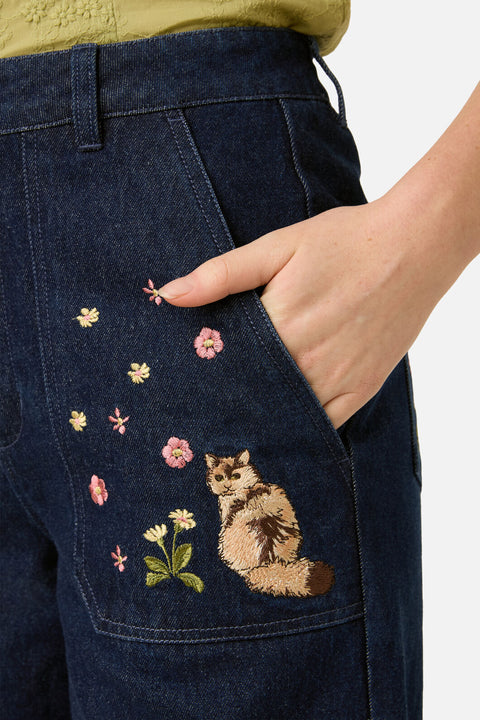 Cats Embroidered Denim Jean