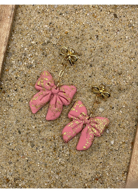 Pink Sparkle Bow Earrings with Gold Studs