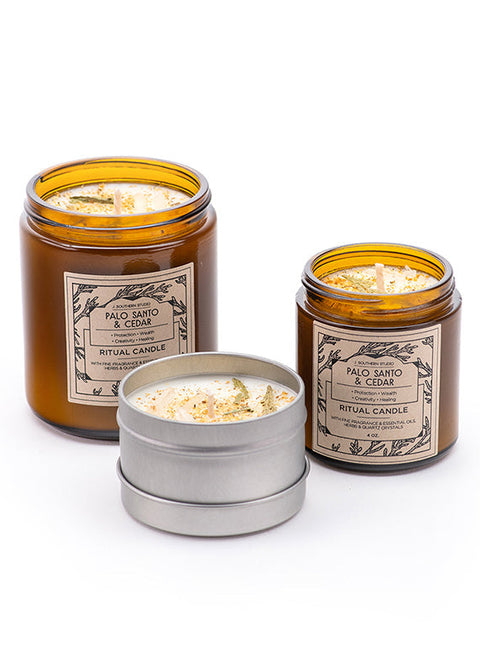 Palo Santo Cedar Ritual Candle with Quartz and Herbs