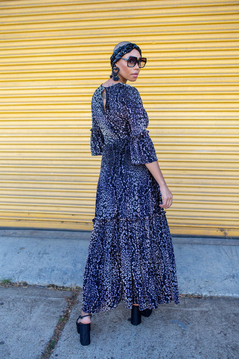 Imogen 1 Tier Ruffle Maxi Dress in Pantera Velvet