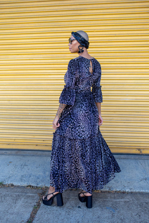 Imogen 1 Tier Ruffle Maxi Dress in Pantera Velvet