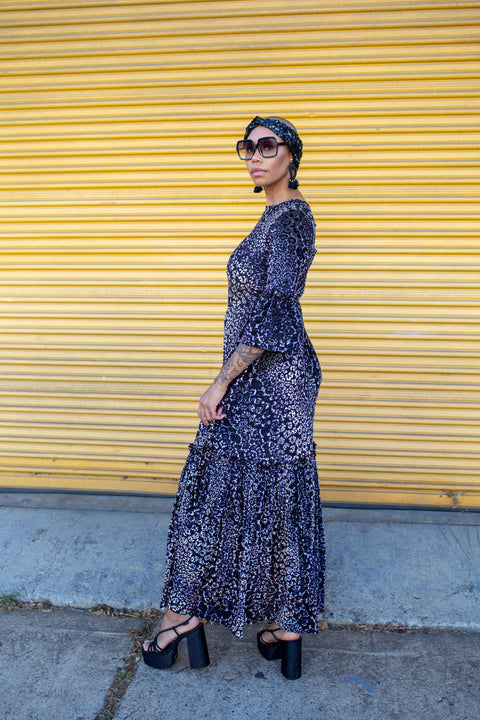 Imogen 1 Tier Ruffle Maxi Dress in Pantera Velvet
