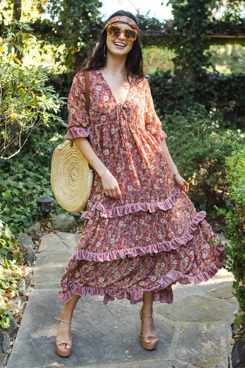 Ophelia Velvet Ruffle Maxi Dress in Rouge Bloom