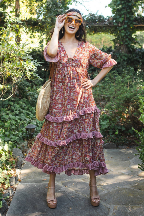 Ophelia Velvet Ruffle Maxi Dress in Rouge Bloom