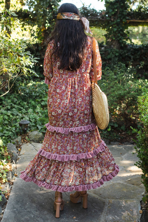 Ophelia Velvet Ruffle Maxi Dress in Rouge Bloom
