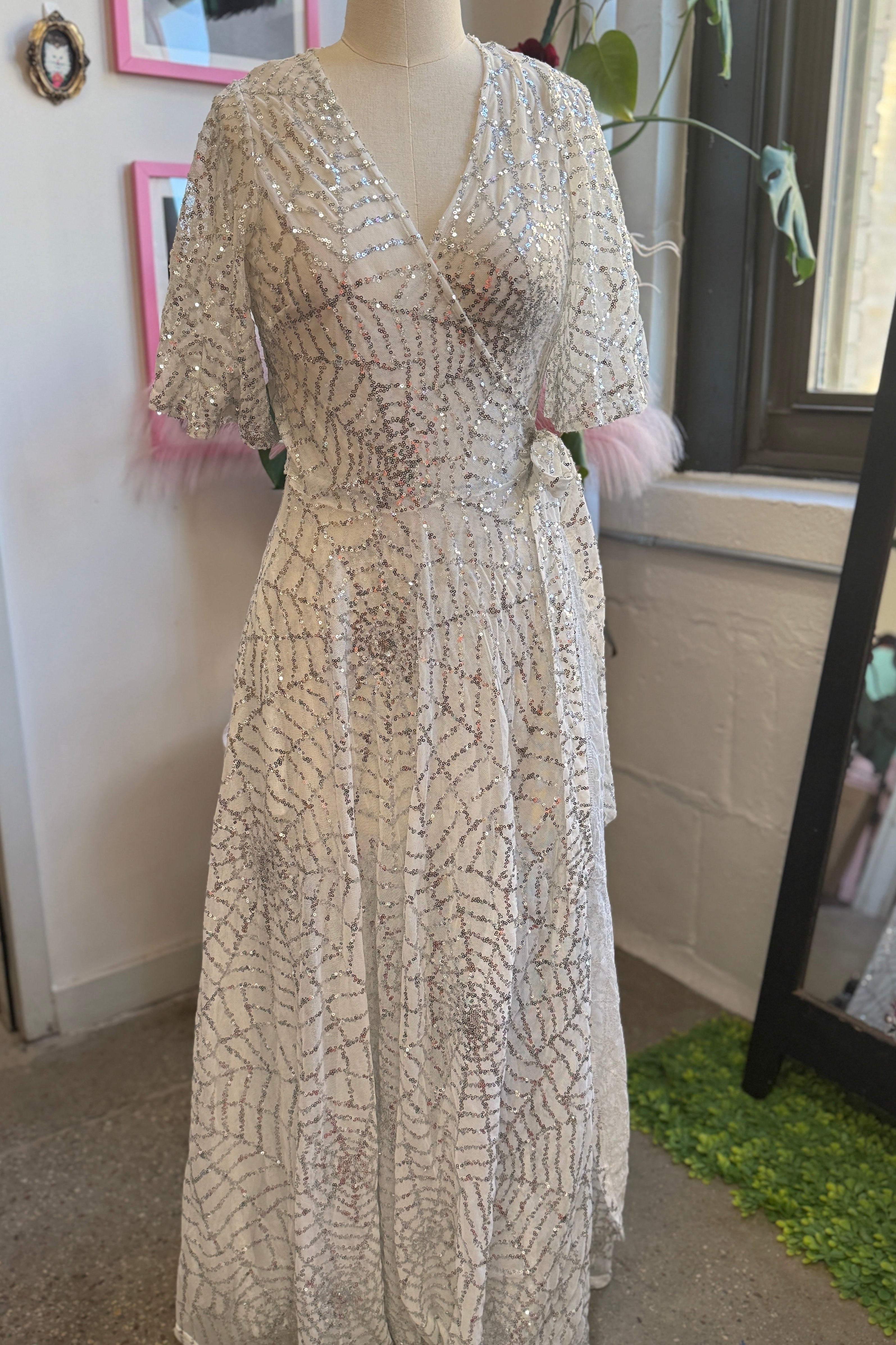Lydia Wrap Dress in White and Silver Sequin Spiderwebs