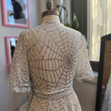 Lydia Wrap Dress in White and Silver Sequin Spiderwebs