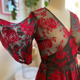 Aurora Wrap Dress in Flocked Red Roses